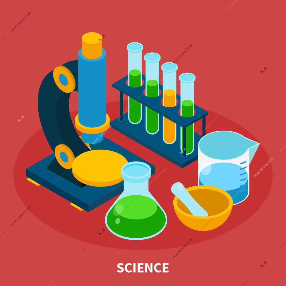 Science isometric composition with experiment symbols on red background vector illustration