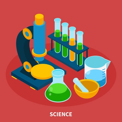 Science isometric composition with experiment symbols on red background vector illustration