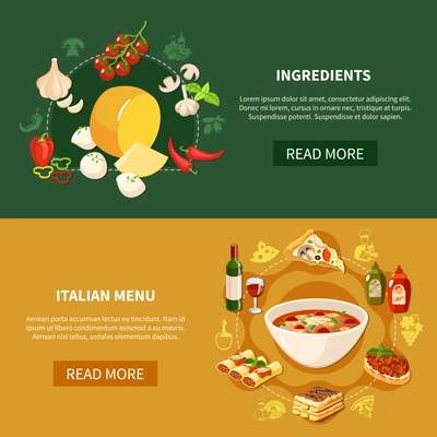 Italian food horizontal banners with ingredients for traditional cuisine and restaurant menu items flat vector illustration