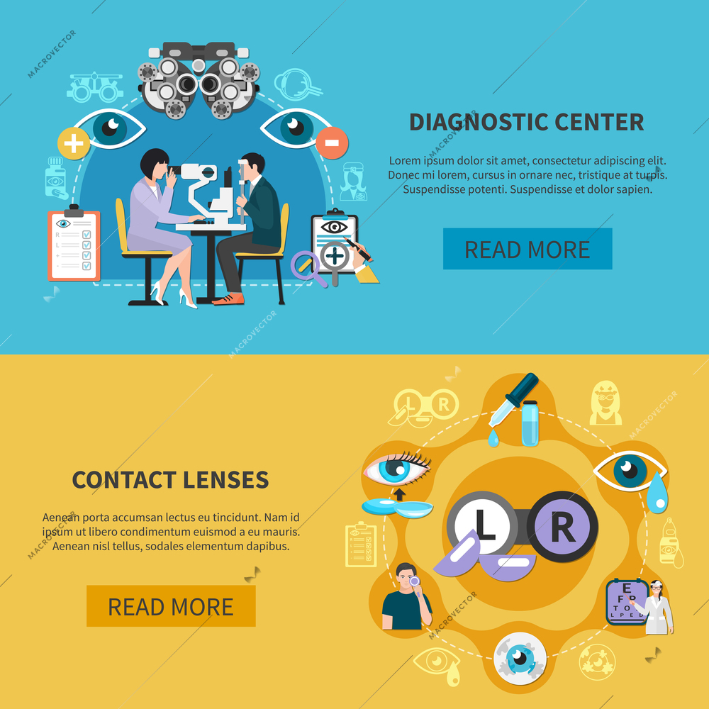 Oculist 2 horizontal banners webpage design with optometric diagnostic and contact lenses use care information vector illustration