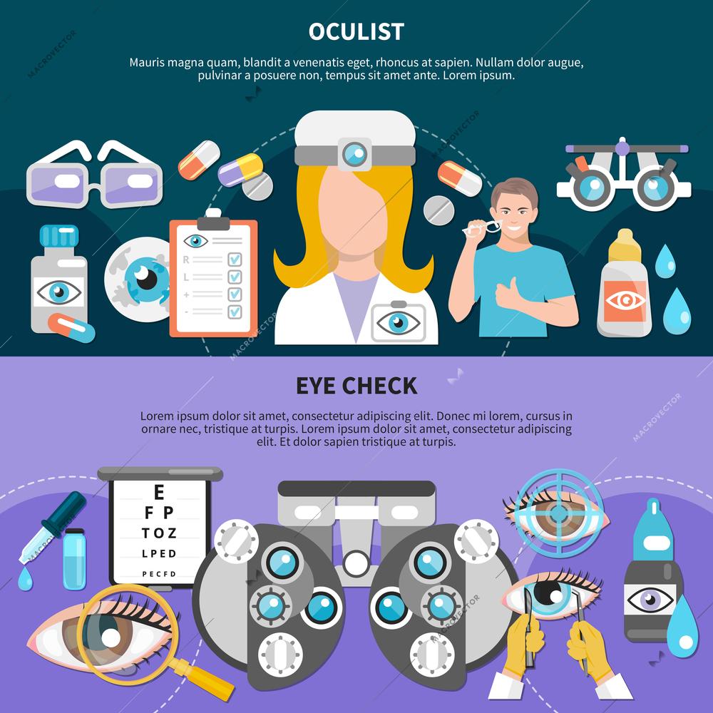 Oculist eye examination 2 horizontal banners set with professional ophthalmologist vision screening test instruments isolated vector illustration