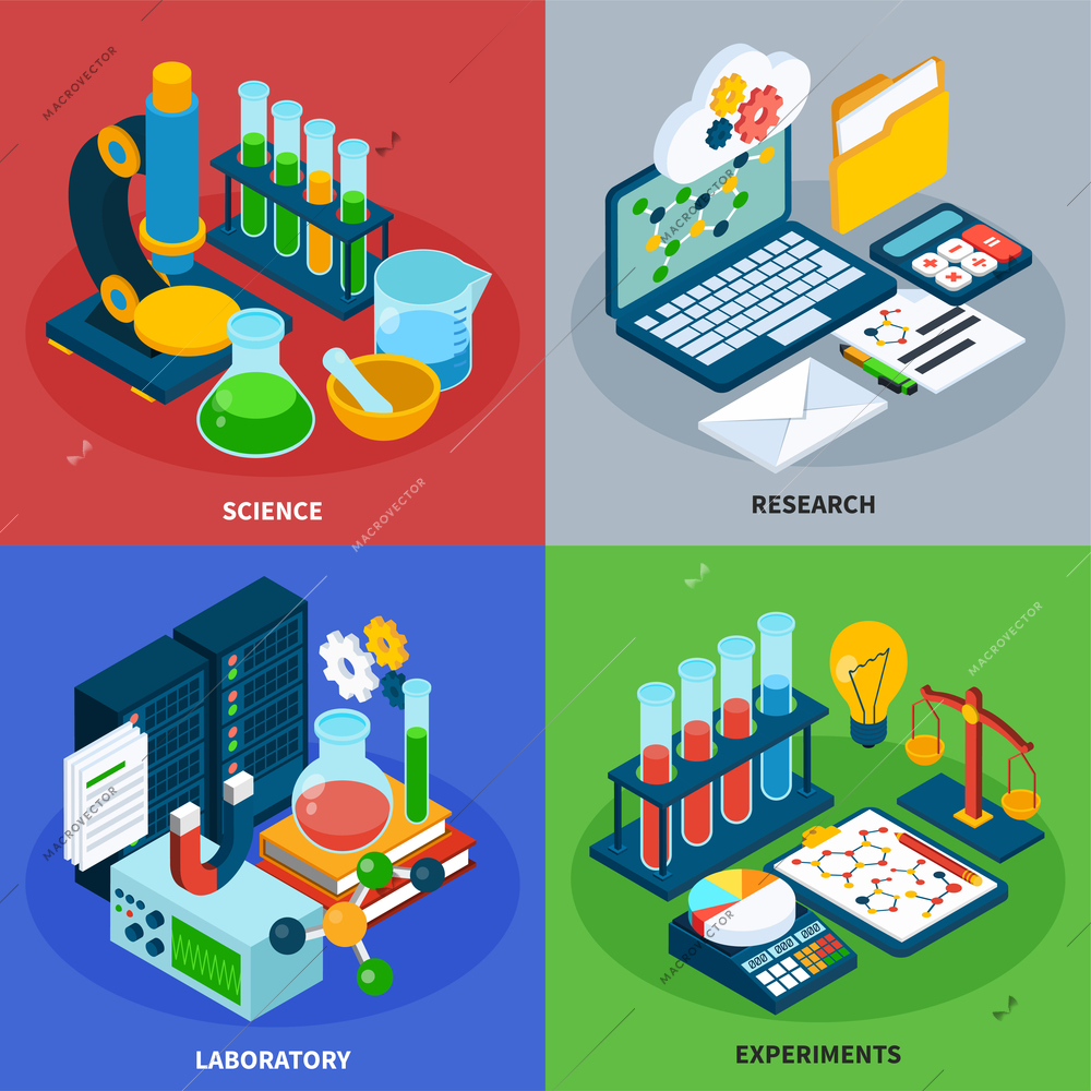 Science concept icons set with chemistry  symbols isometric isolated vector illustration