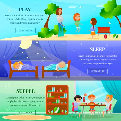 Kindergarten characters set of horizontal banners with kids during outdoor games, eating and sleep isolated vector illustration