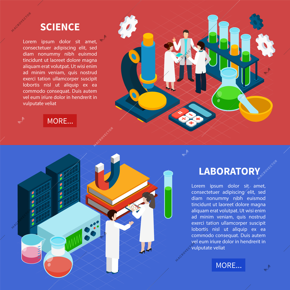 Science horizontal isometric banners set with laboratory symbols isolated vector illustration