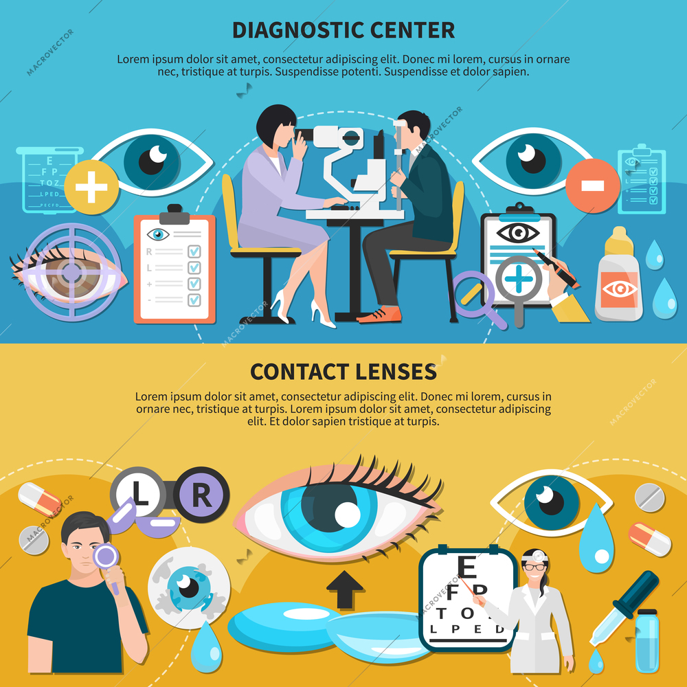 Ophthalmologist diagnostic center with optometrist examining patient eyes and contact lenses use care horizontal banners vector illustration