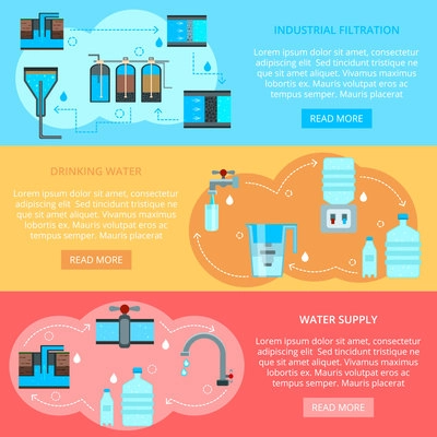 Water cleaning set of flat horizontal banners with home drinking resource and industrial filtration isolated vector illustration