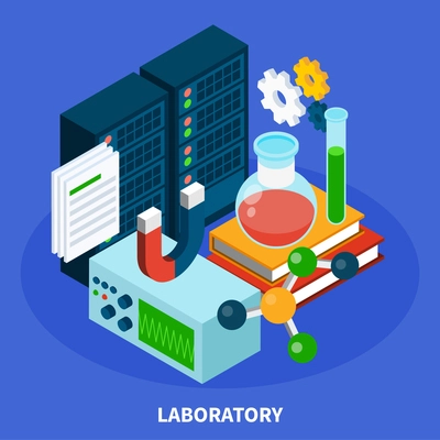 Science isometric concept with laboratory symbols on blue background vector illustration