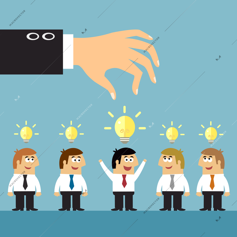 Business ideas selection concepts with human staff and lightbulbs symbols vector illustration