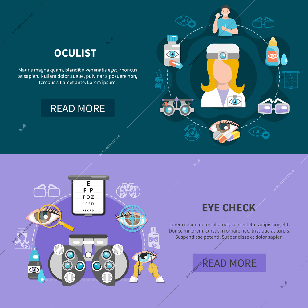 Oculist 2 horizontal banners webpage design with complete eye examination and visual problems diagnostic isolated vector illustration