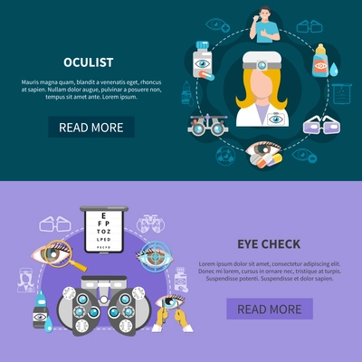 Oculist 2 horizontal banners webpage design with complete eye examination and visual problems diagnostic isolated vector illustration