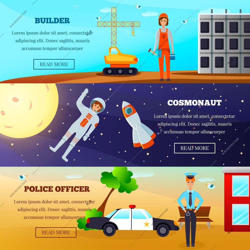 Set of horizontal banners with woman professions including builder with tools, cosmonaut, police officer isolated vector illustration