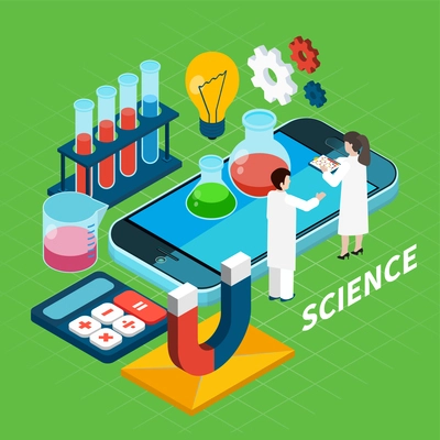 Chemistry isometric concept with science symbols on green background vector illustration