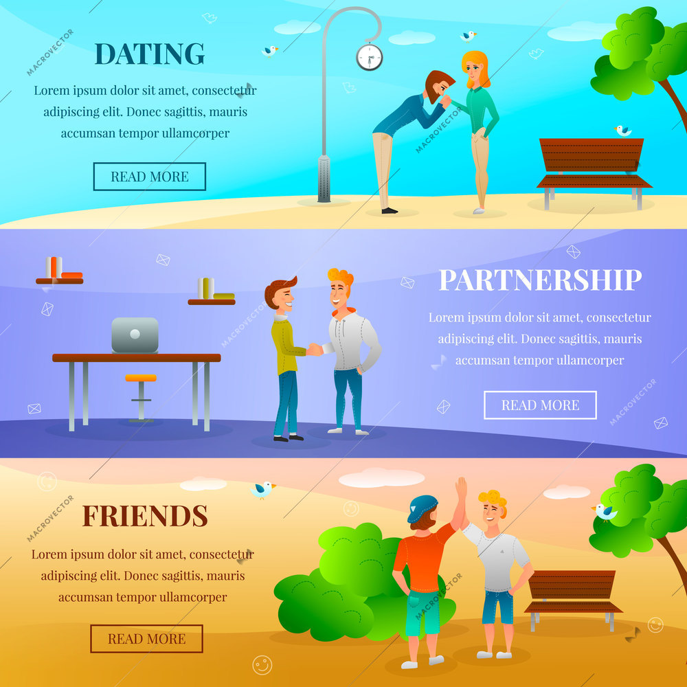 Horizontal banners with human characters with gestures during dating, friends meeting, greeting of partners isolated vector illustration