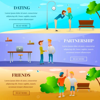 Horizontal banners with human characters with gestures during dating, friends meeting, greeting of partners isolated vector illustration