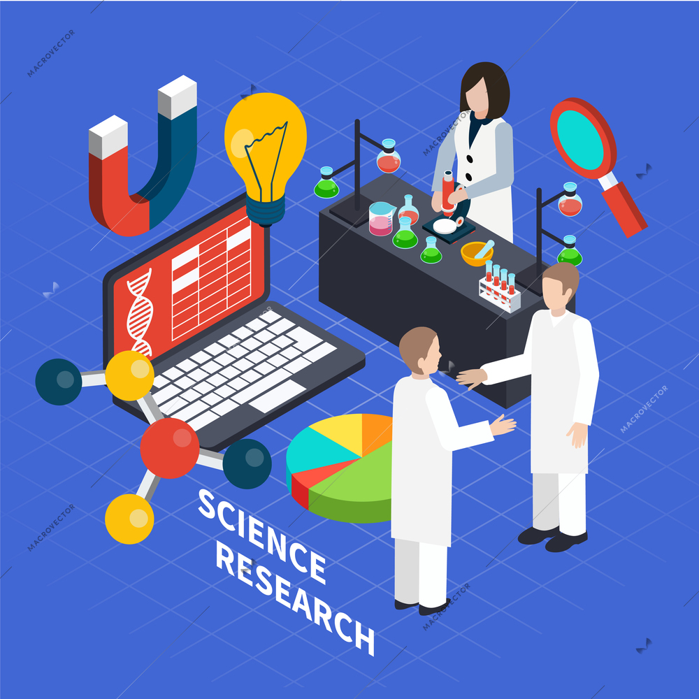 Science isometric concept with research symbols on blue background vector illustration