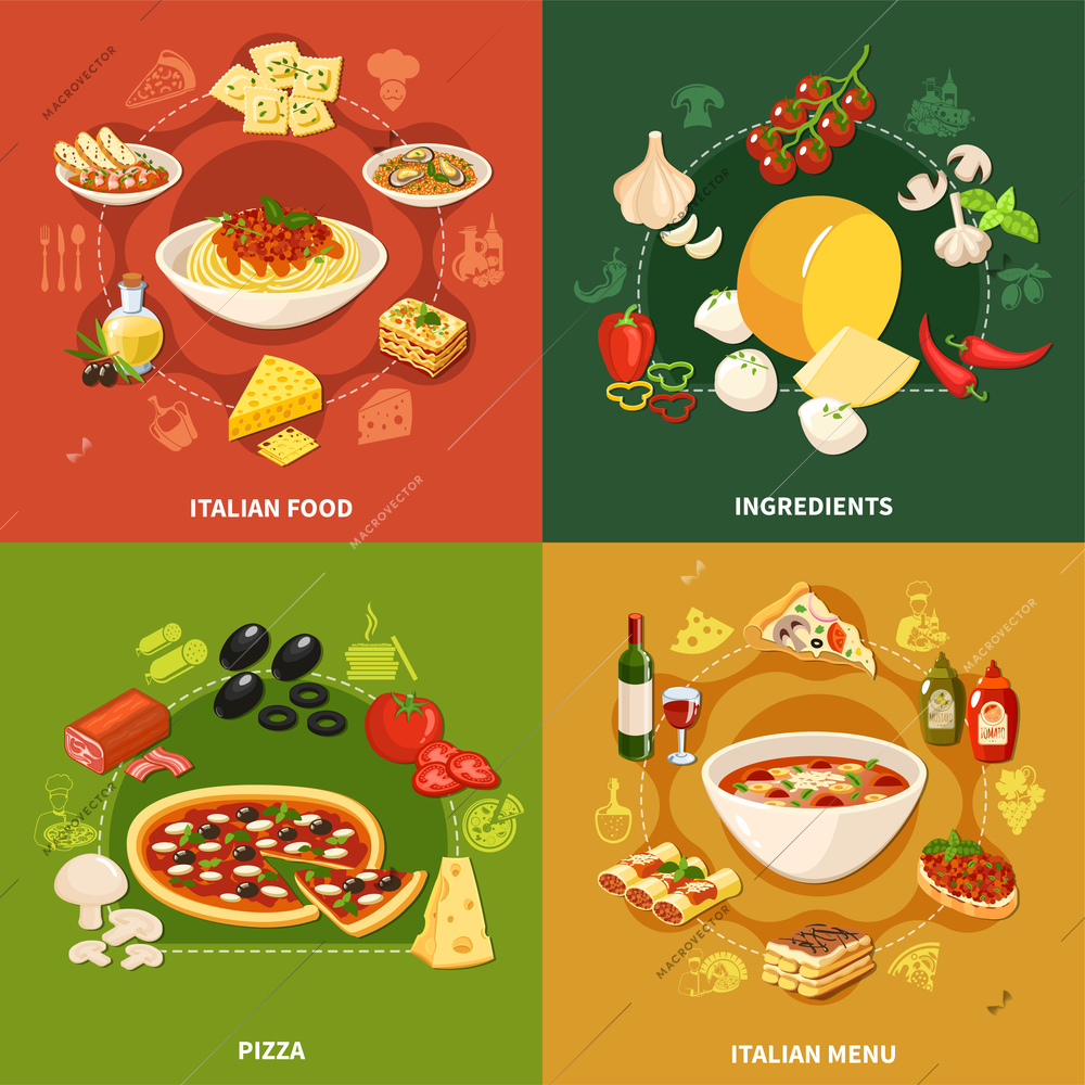 Italian food 2x2 design concept set of square icons for restaurant or cafe menu flat vector illustration