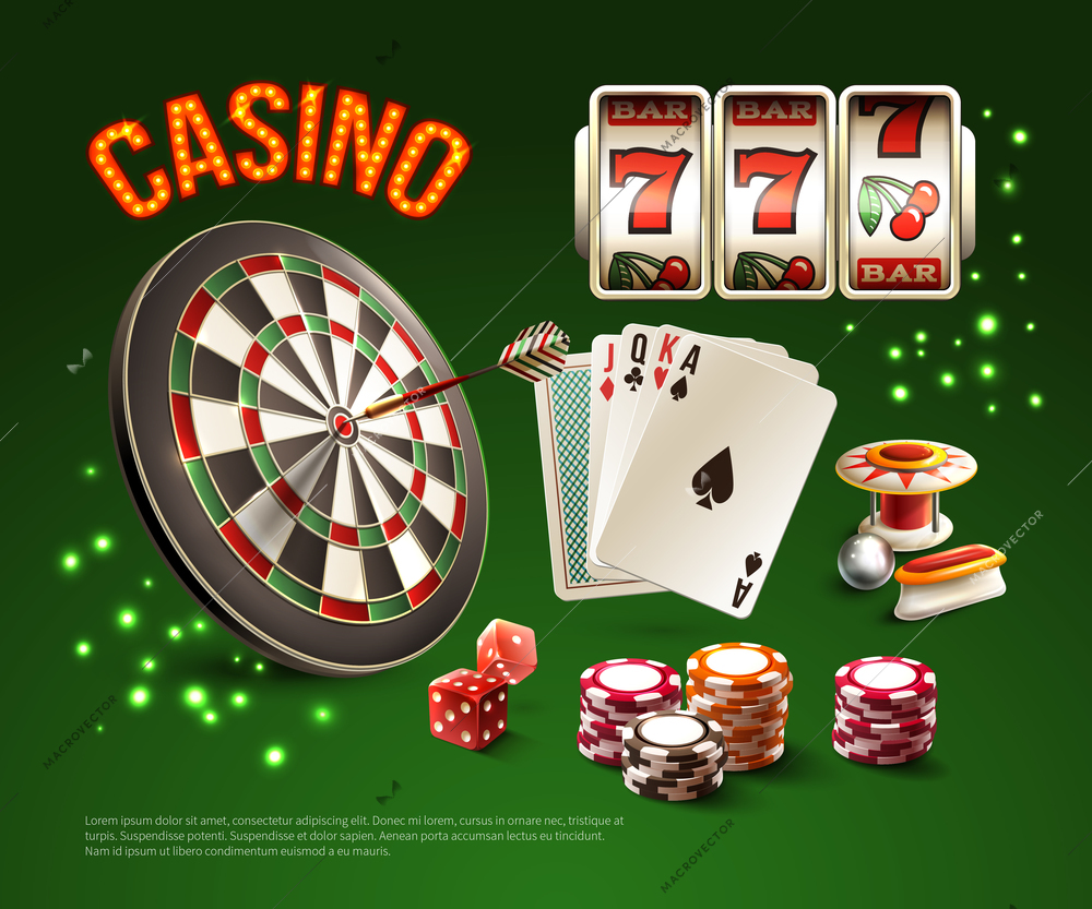 Games realistic stylish composition with casino headline and different games attributes isolated and colored vector illustration