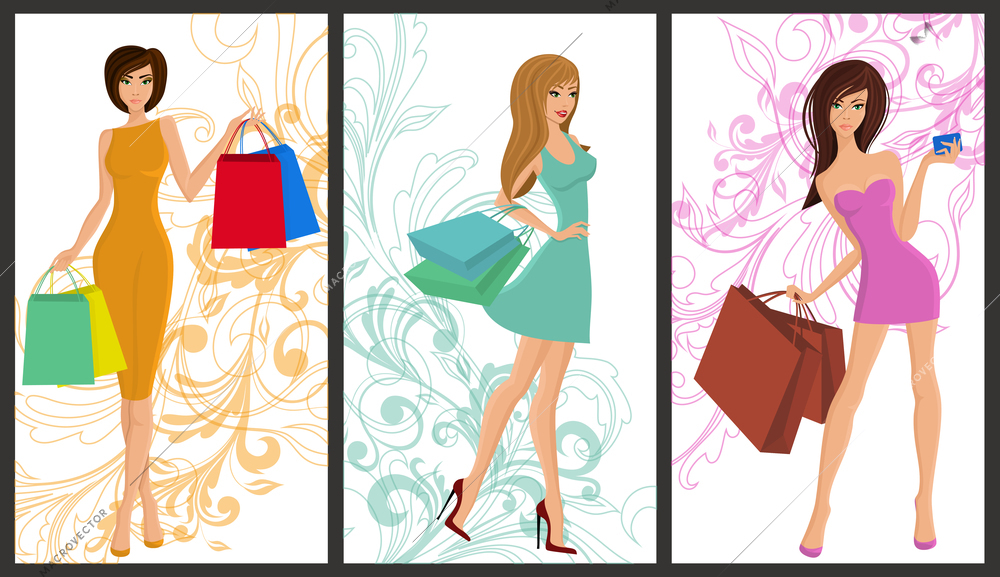 Shopping girl young sexy females with fashion bags vertical banners set isolated vector illustration