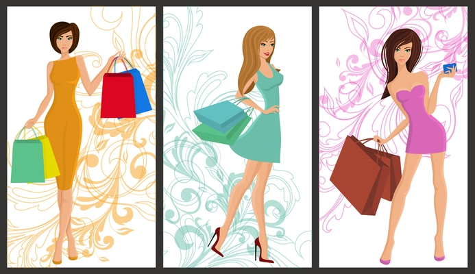 Shopping girl young sexy females with fashion bags vertical banners set isolated vector illustration