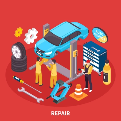 Auto service isometric concept with repair works symbols vector illustration