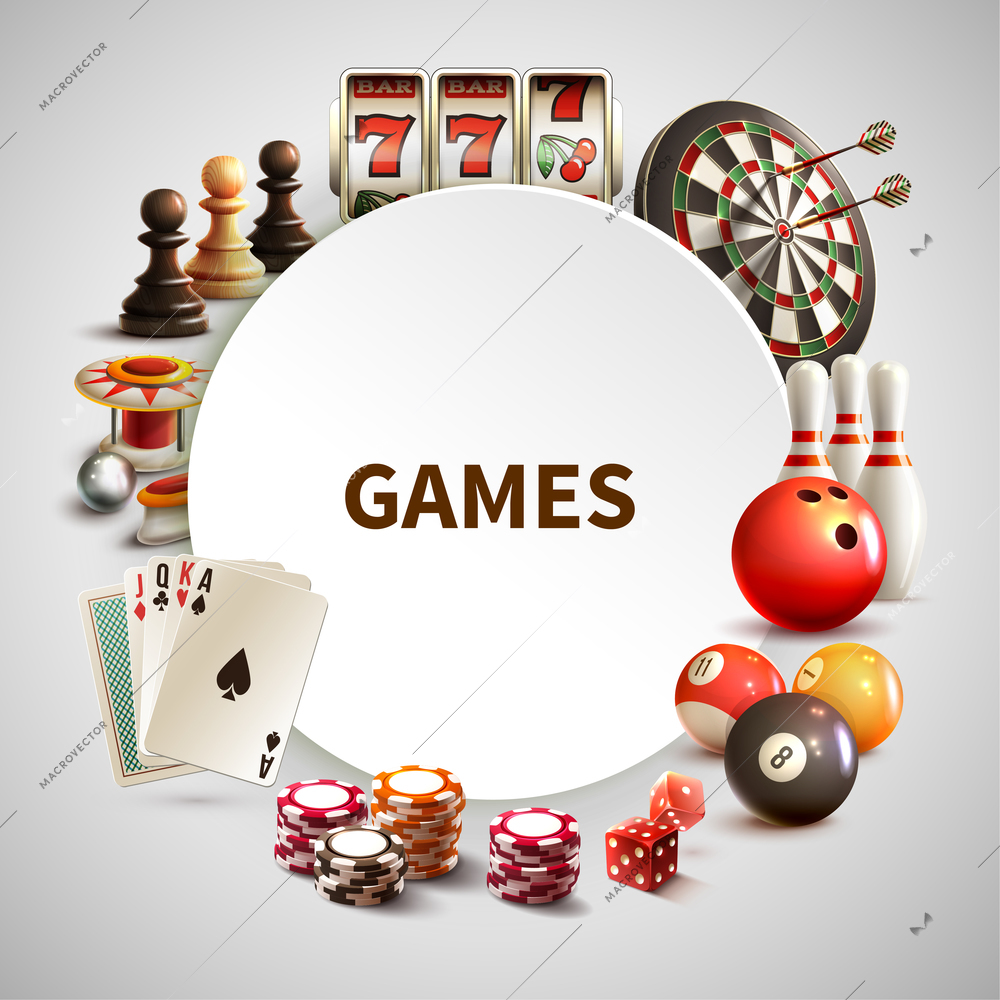 Games realistic round frame with big headline games and different elements around vector illustration