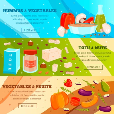 Vegetarian food set of flat horizontal banners with fruits and vegetables, tofu and nuts isolated vector illustration