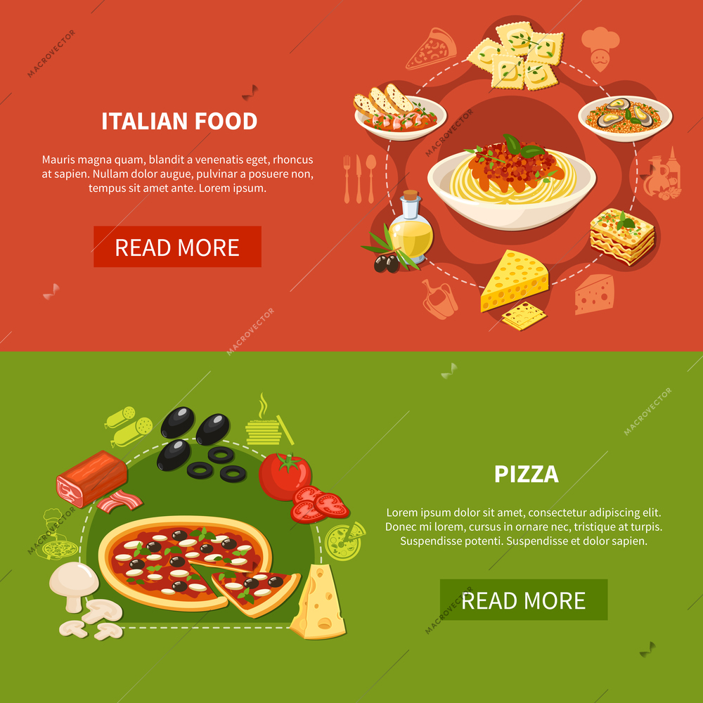 Italian cuisine horizontal banners with set of traditional dishes and ingredients for pizza preparation flat vector illustration