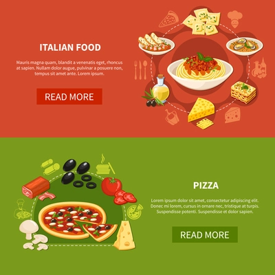 Italian cuisine horizontal banners with set of traditional dishes and ingredients for pizza preparation flat vector illustration