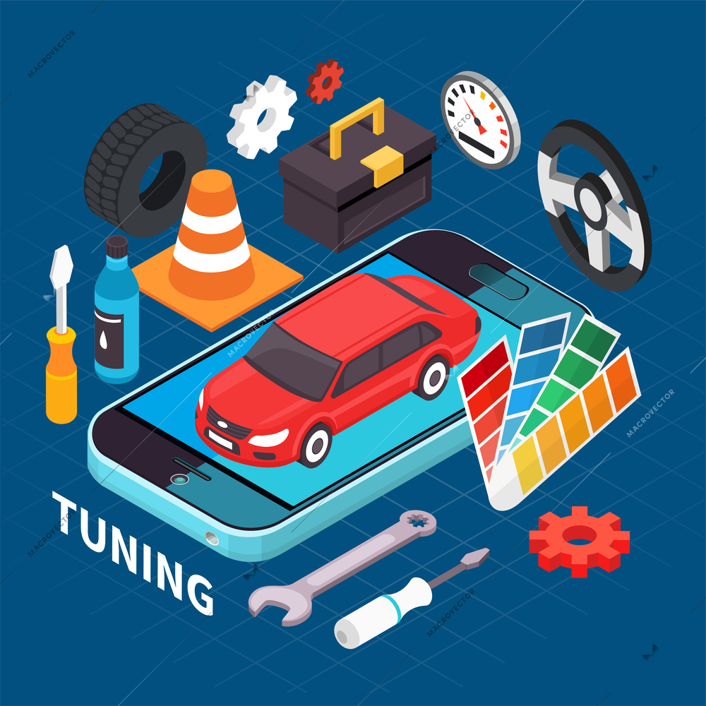 Auto service and tuning isometric concept with spare parts symbols vector illustration