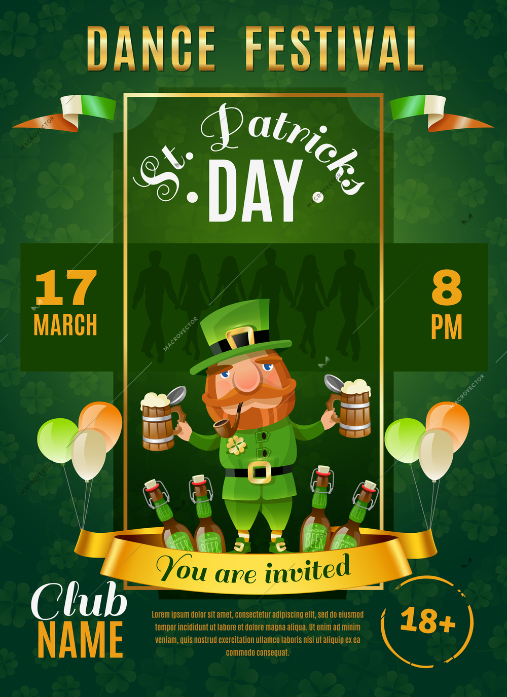 St patricks day dance festival poster with leprechaun, beer, balloons, irish flags, human silhouettes vector illustration