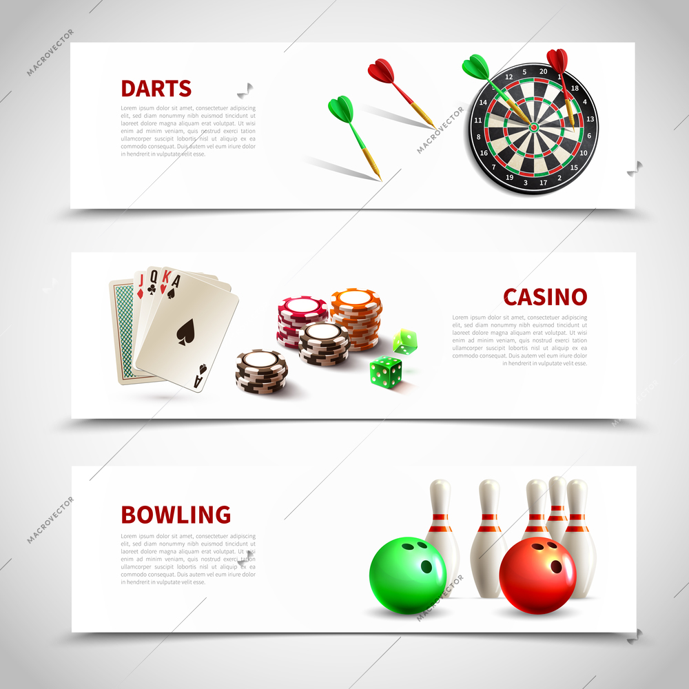 Three horizontal games realistic composition set with darts casino and bowling headlines vector illustration