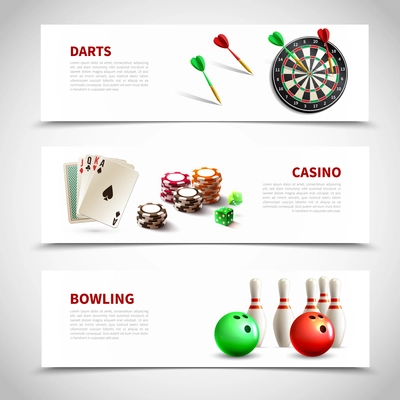 Three horizontal games realistic composition set with darts casino and bowling headlines vector illustration