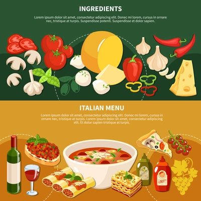 Italian menu horizontal banners with ingredients and dishes of traditional national cuisine flat vector illustration