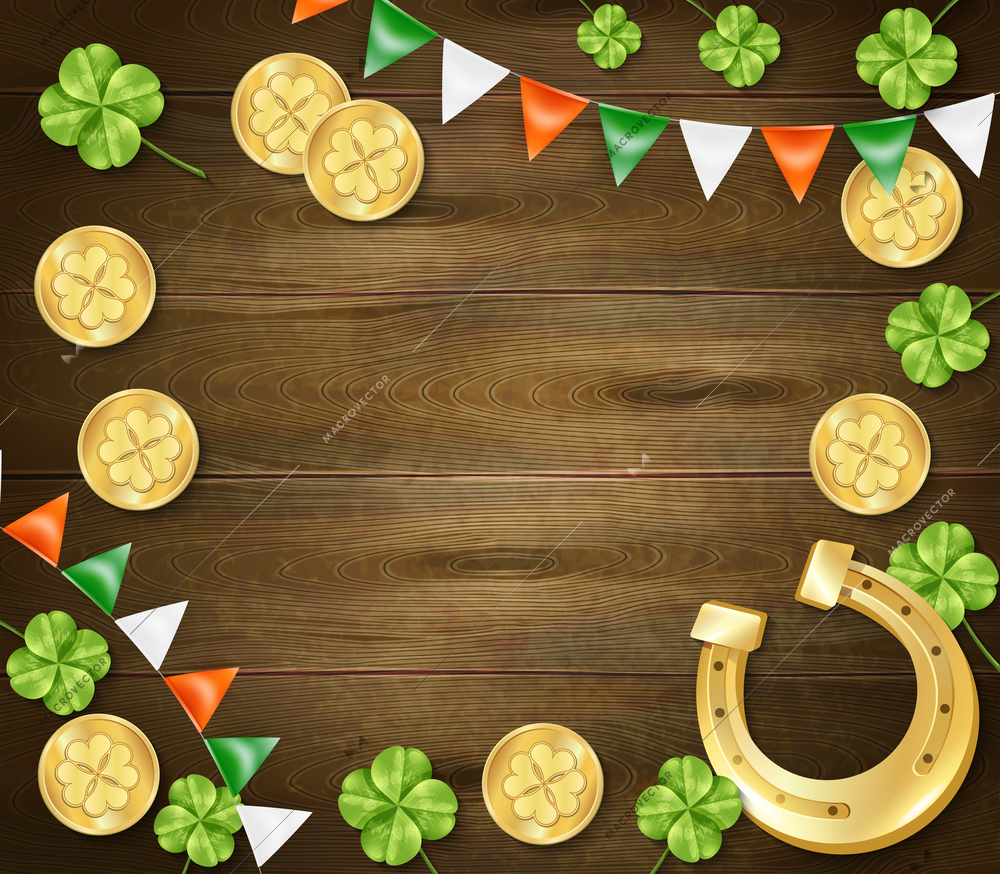 Saint patricks day frame on wooden background with golden horseshoe and coins, clover, colorful pennants vector illustration