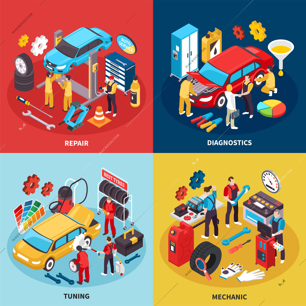 Auto service concept icons set with tuning and repair symbols isometric isolated vector illustration