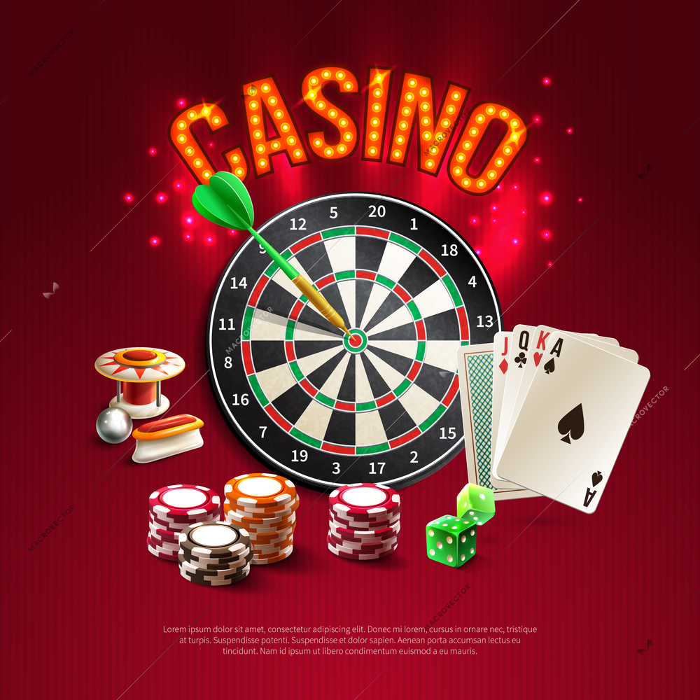 Games realistic poster with big bright and red headline on dark stylish background with card dart dice and roulette vector illustration