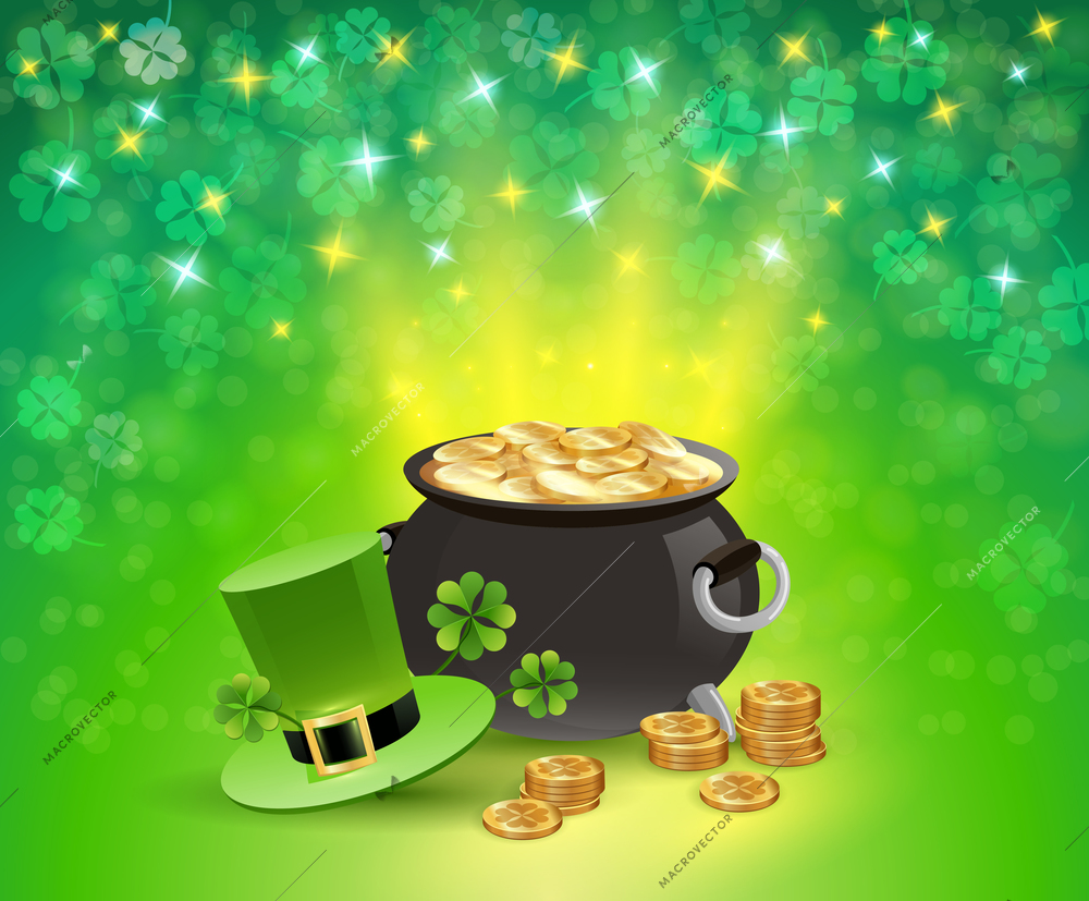 St patricks holiday sparkling background with pot of gold, leaves of clover, hat of leprechaun vector illustration