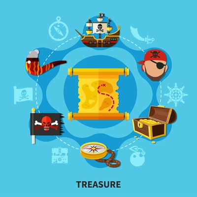 Pirate treasure with chest of gold, map, jolly roger round cartoon composition on blue background vector illustration