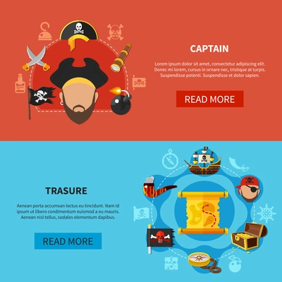 Set of horizontal cartoon banners with pirate captain, treasure map with chest of gold isolated vector illustration