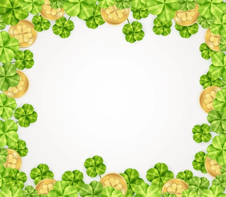 St patricks day festive frame with leaves of clover and golden coins on white background vector illustration