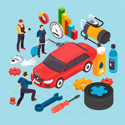 Auto service isometric concept with maintenance and repair symbols vector illustration