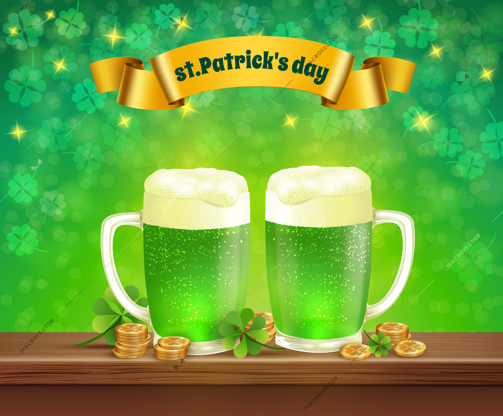 Saint patricks day composition with glasses of beer, coins, leaves of clover on green background vector illustration