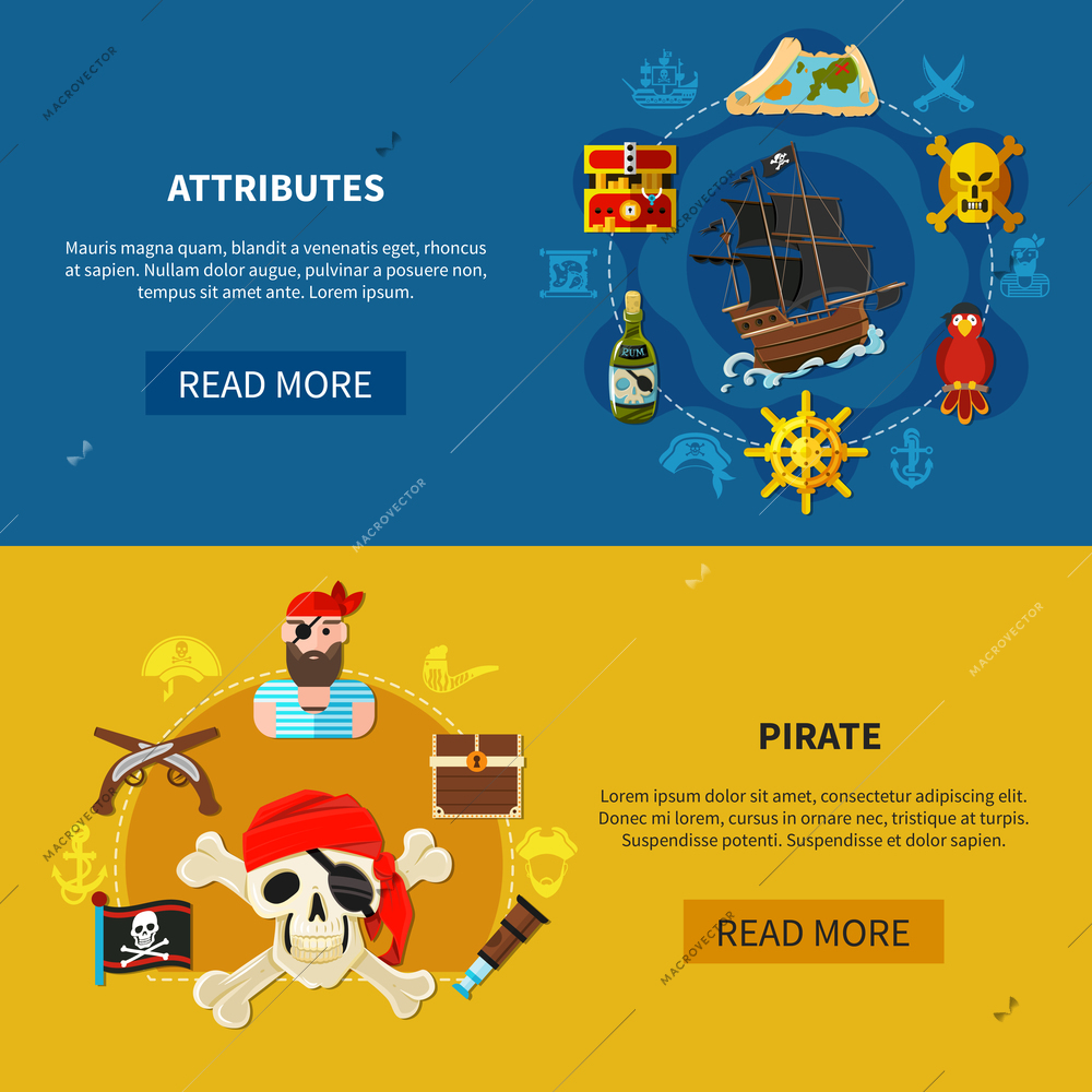 Set of horizontal cartoon banners with pirate attributes including ship, flag, treasure chest, guns isolated vector illustration