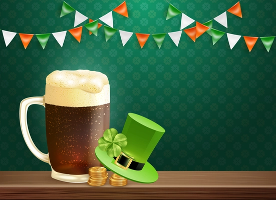 Saint patricks holiday composition with glass mug of beer, hat of leprechaun, coins, wooden table vector illustration