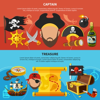 Horizontal cartoon banners with pirate treasure, bearded captain with accessories, isolated on red blue background vector illustration
