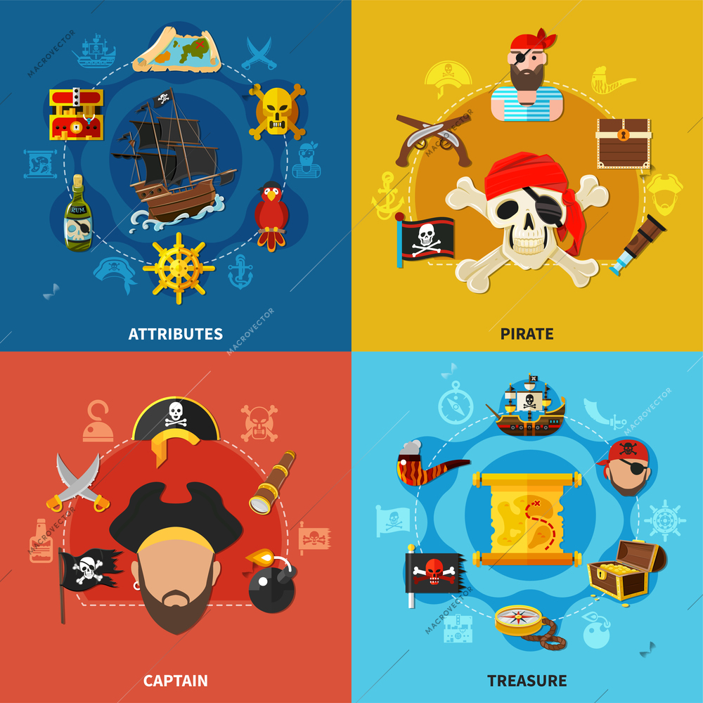 Pirate attributes, accessories of captain, treasure map and chest with gold, cartoon design concept isolated vector illustration