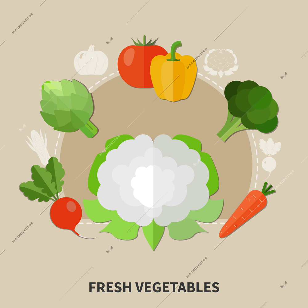 Healthy eating colored composition with flat style vegetables set and fresh vegetable headline vector illustration