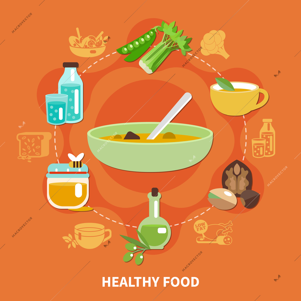 Flat colored healthy eating composition with healthy food headline and ingredients for a recipe vector illustration