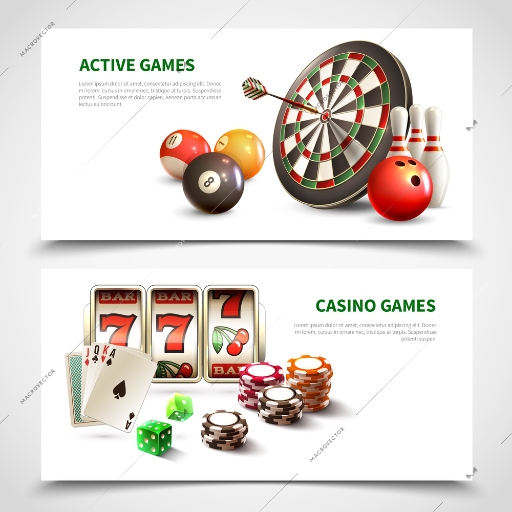 Two horizontal games realistic banner set with active and casino games headlines vector illustration