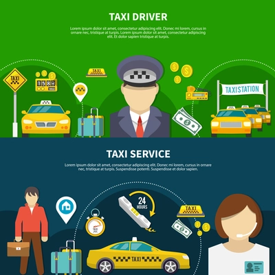 Taxi horizontal banners set with editable text and images of taximeter driver and passenger faceless characters vector illustration